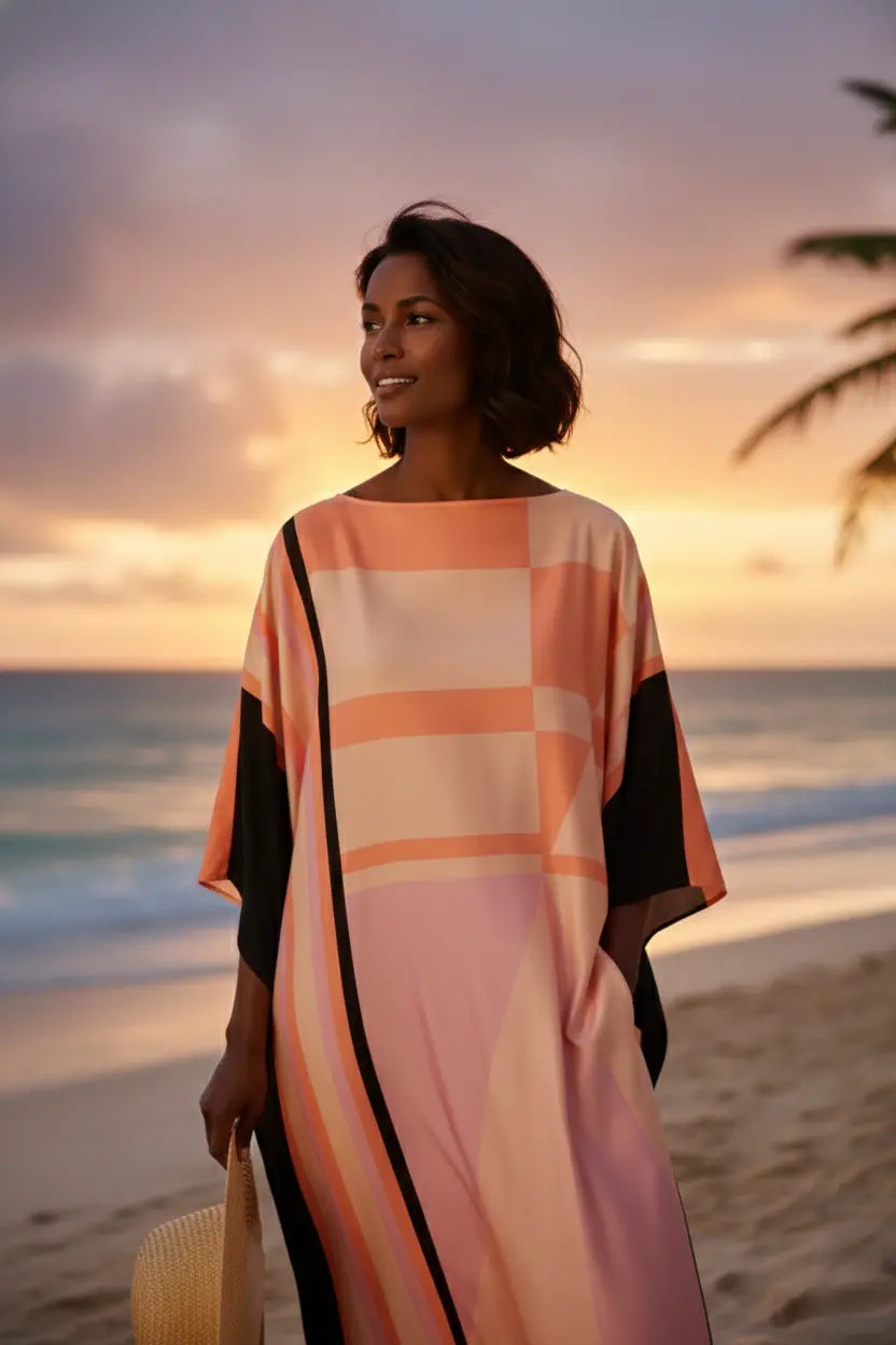 black african Woman in Vicharan ETHEREAL Rose Gold Kaftan standing on a beach at sunset