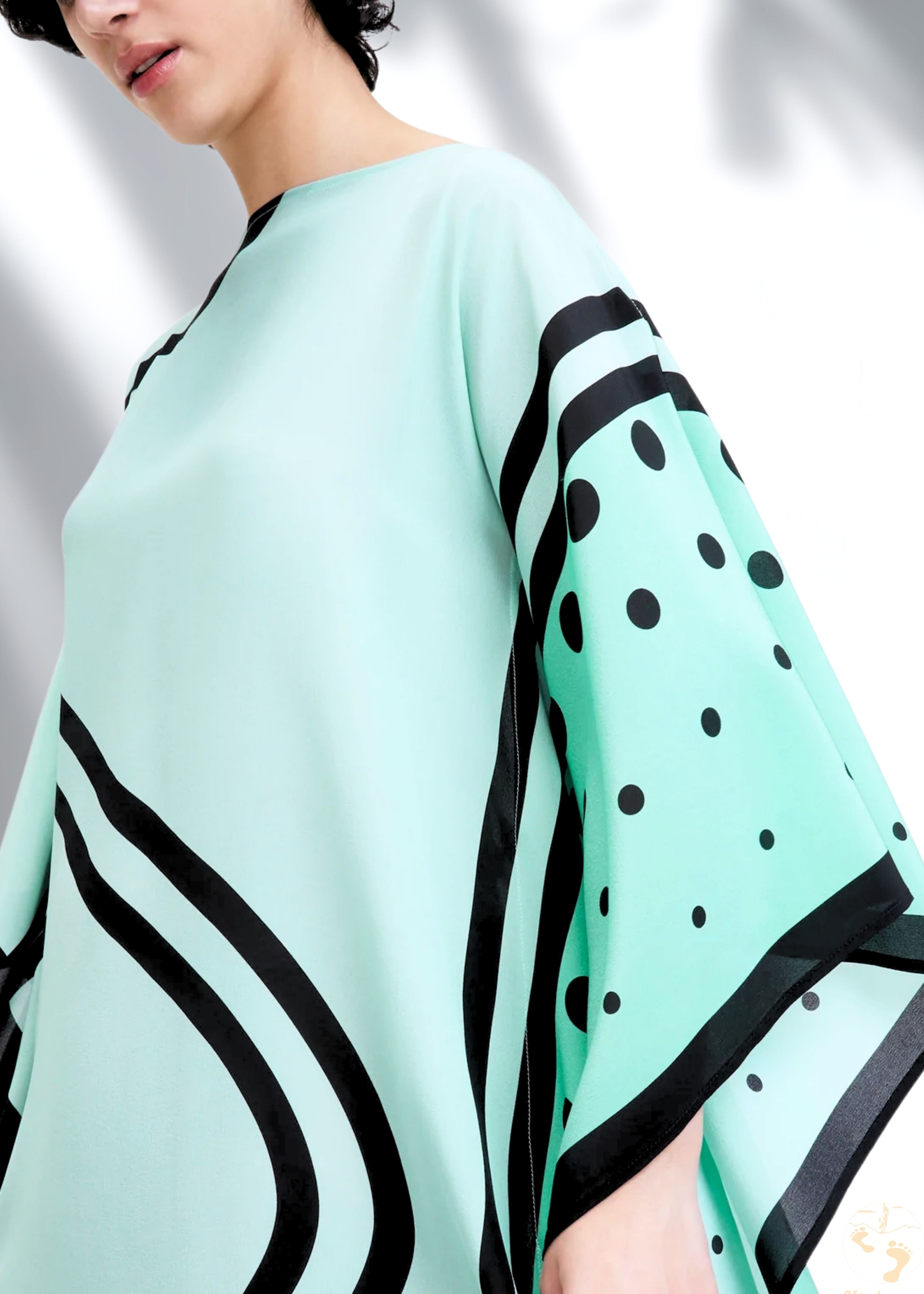 Pistachio Green Satin Silk Kaftan with Polka Dot Print