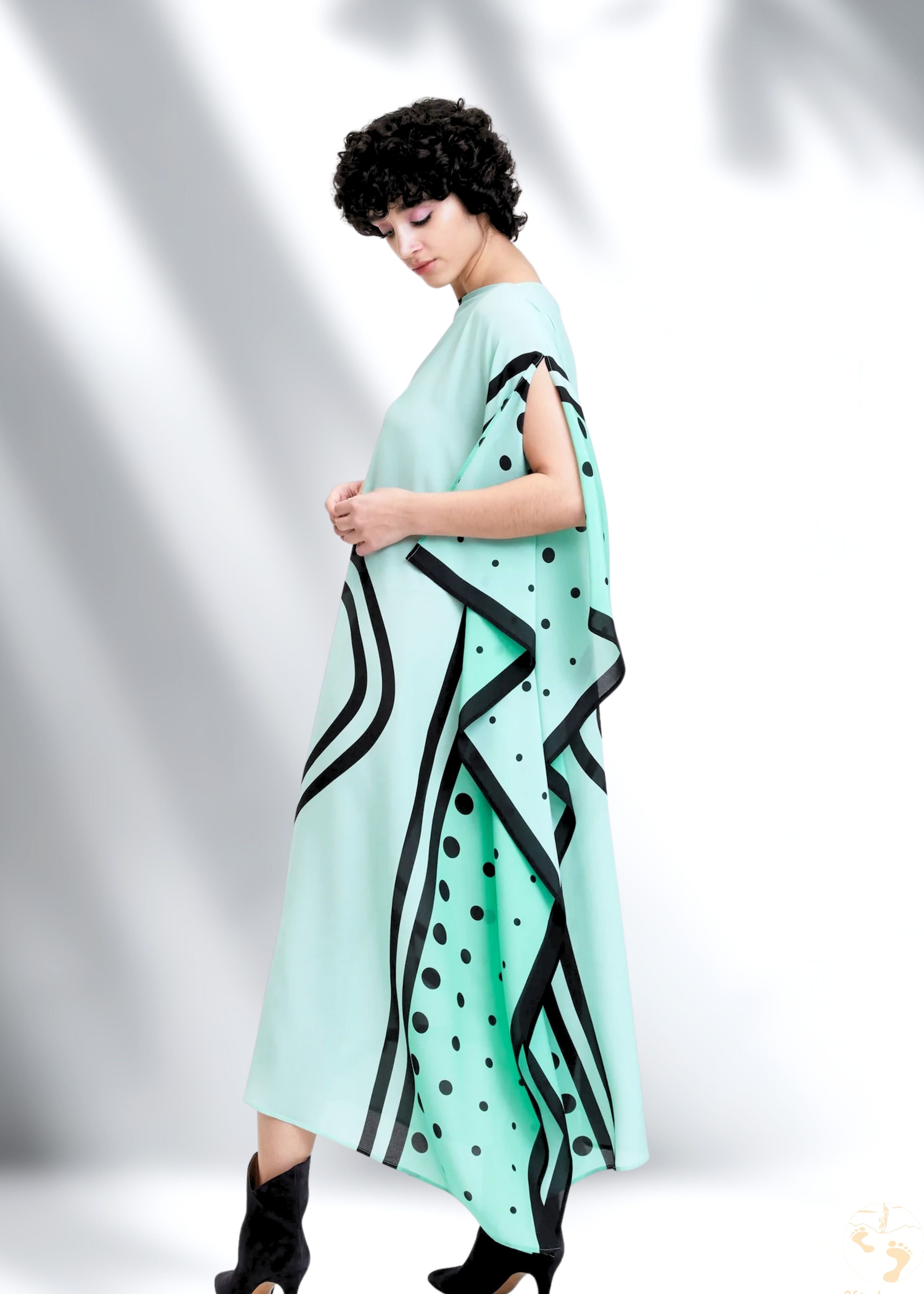 Pistachio Green Satin Silk Kaftan with Polka Dot Print