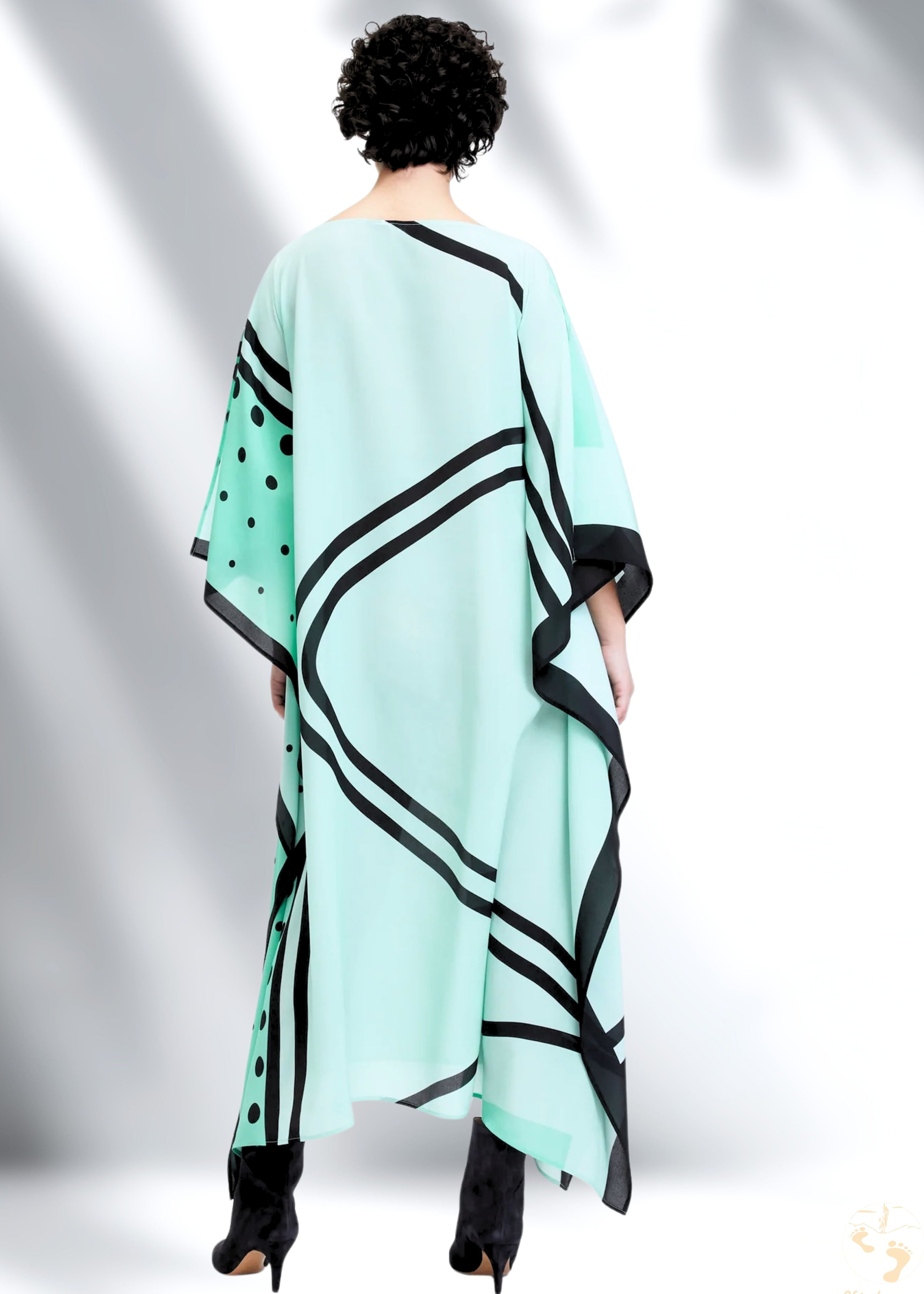 Pistachio Green Satin Silk Kaftan with Polka Dot Print