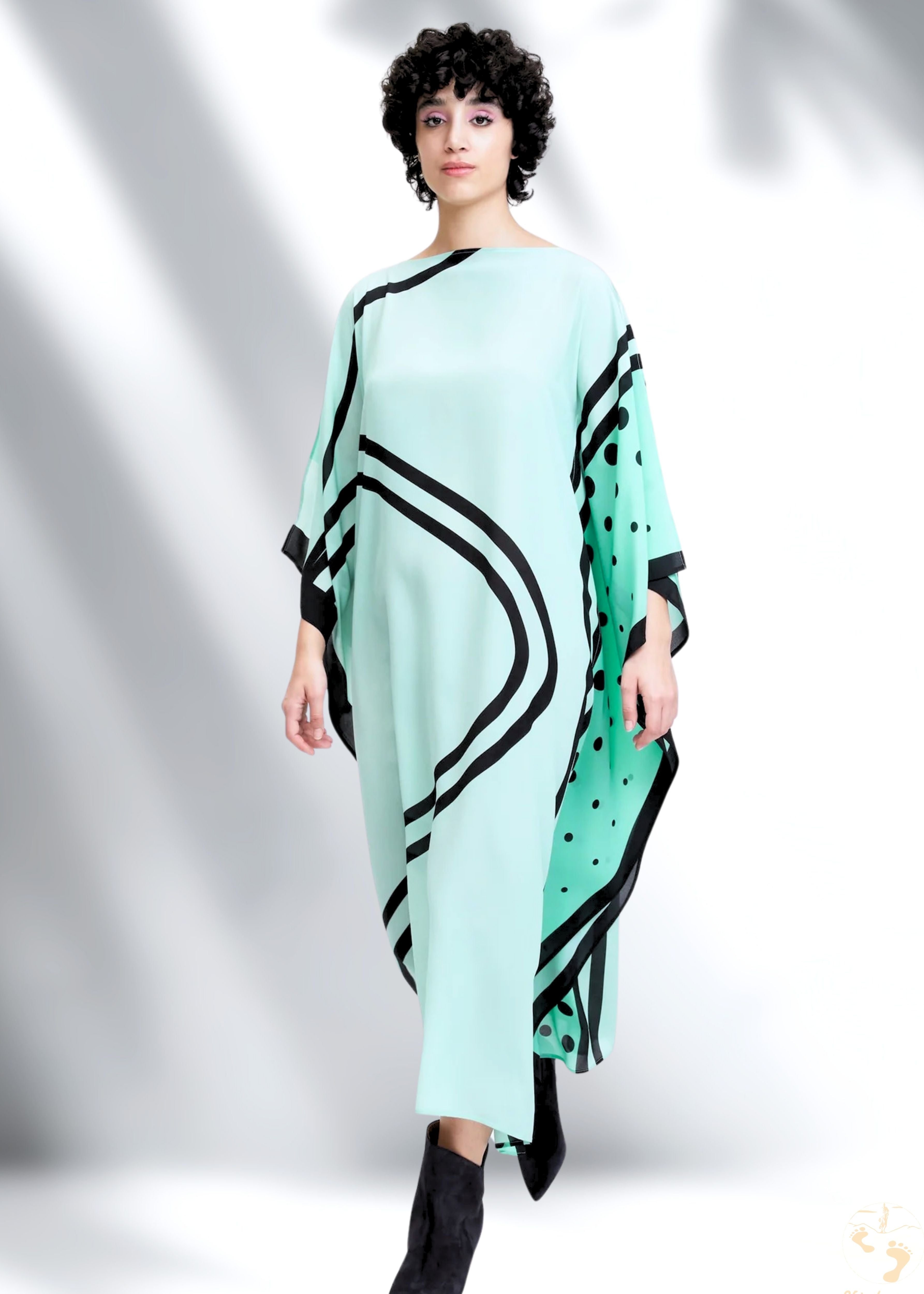 Pistachio Green Satin Silk Kaftan with Polka Dot Print