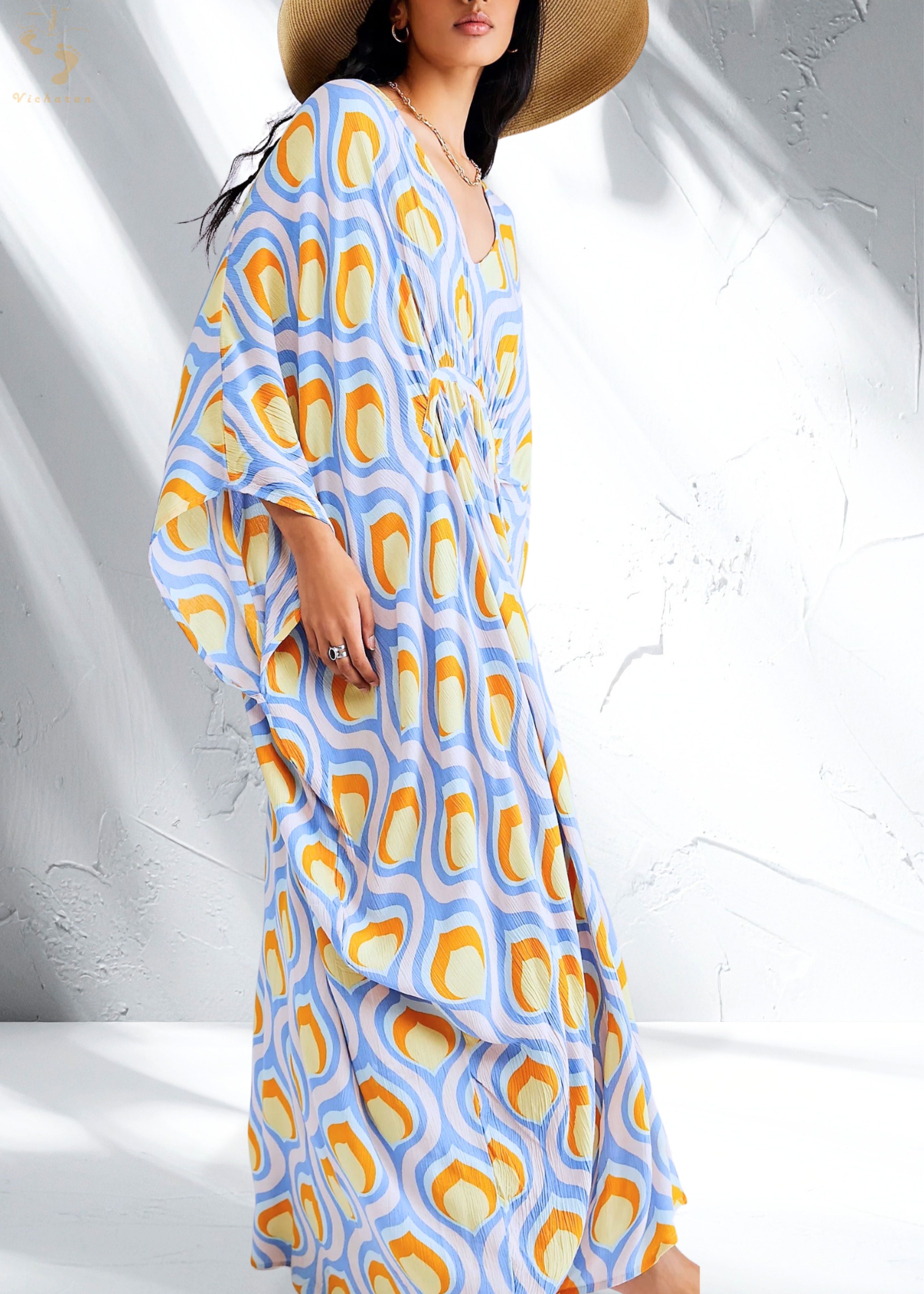Vicharan Emerald Peacock Feather Caftan