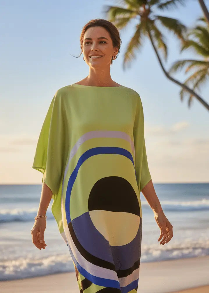Woman Matcha Green Geometric Satin Silk caftan standing on a beach with palm trees in the background