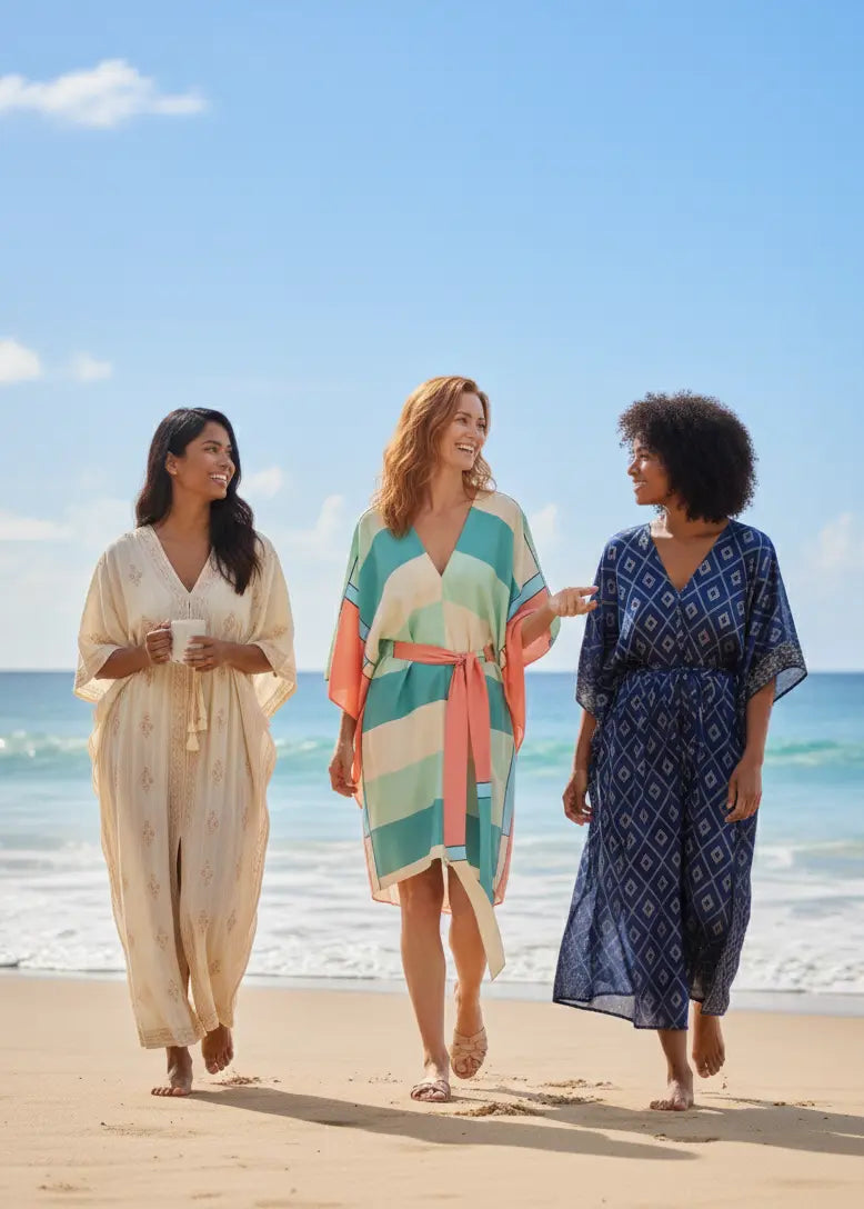 Three women walking on a beach wearing colorful vicharan caftans with woman in center wearing Vicharan CORAL Green caftan