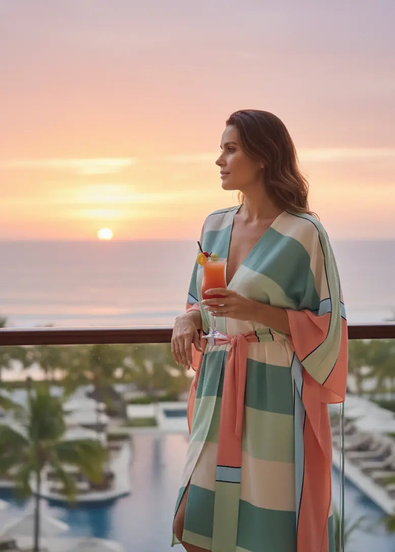 Woman in a Vicharan CORAL Green caftan holding a drink on a balcony of the resort with a sunset view.