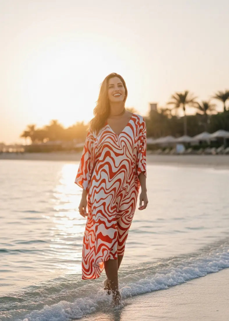 Woman in Vicharan CRIMSON Orange caftan walking on a beach at sunset.