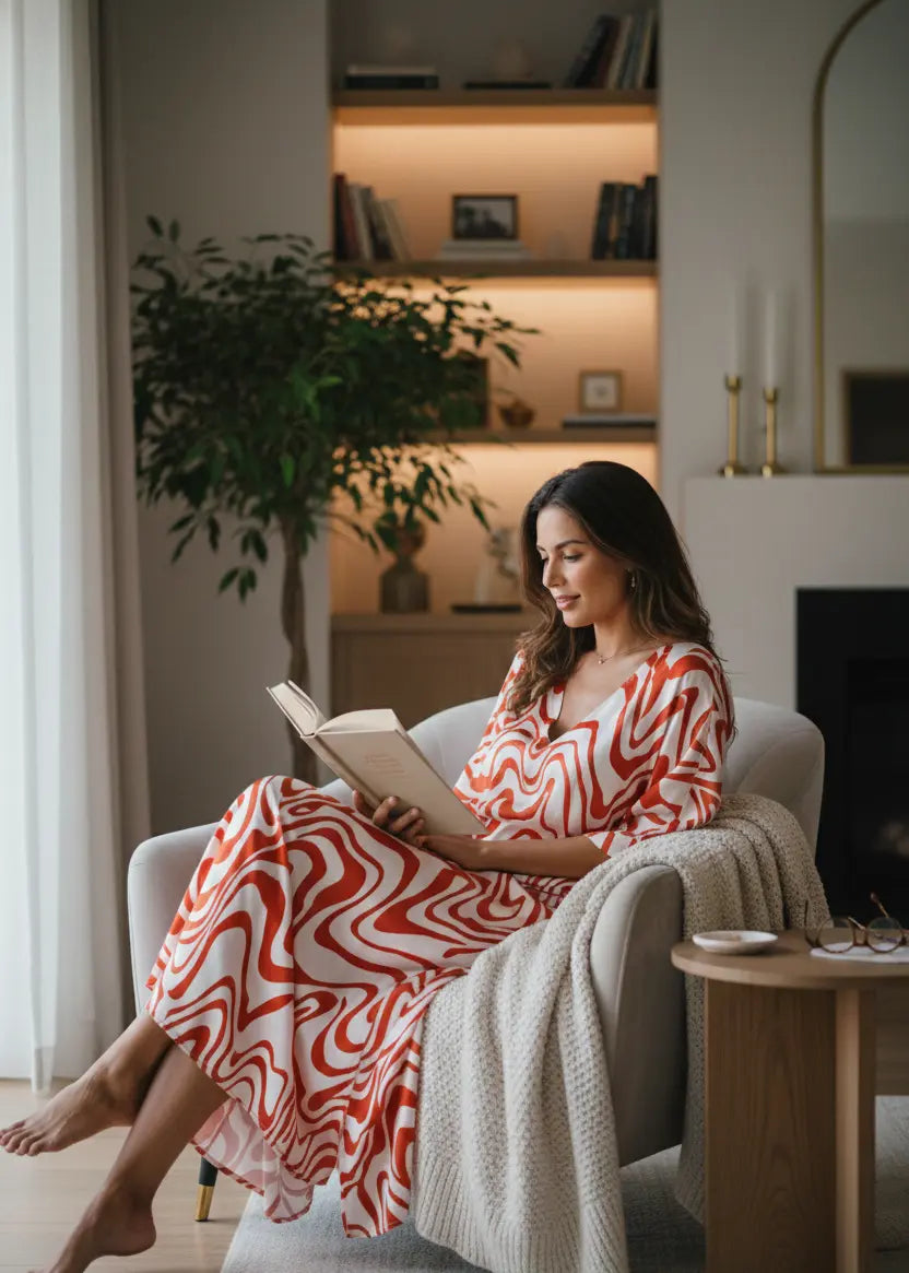 Woman in a Vicharan CRIMSON Orange caftan reading a book in a cozy living room in her home