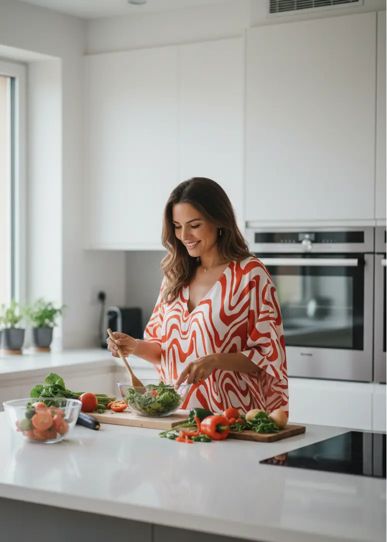 Woman wearing Vicharan CRIMSON Orange caftan preparing  food  in a modern kitchen at home