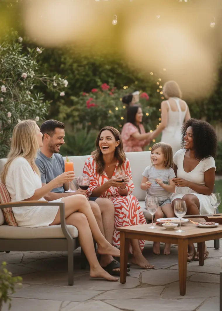 Group of people enjoying a casual outdoor gathering in a backyard with woman wearing Vicharan CRIMSON Orange caftan