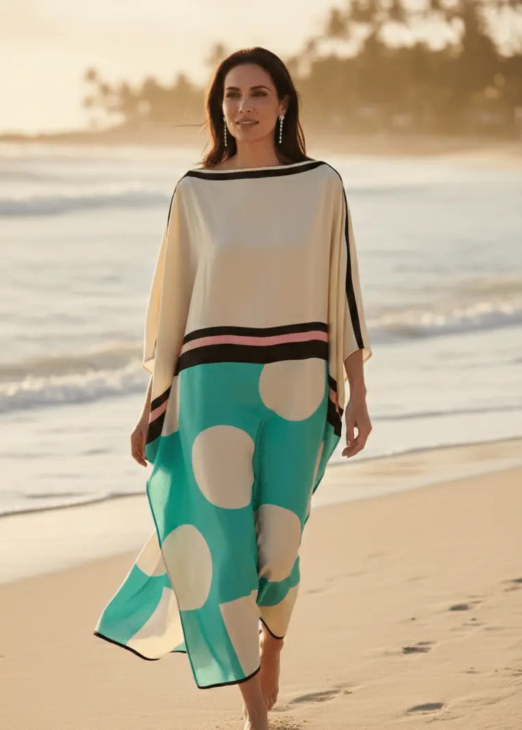 Vicharan Champagne Beige & Turquoise Kaftan on the beach