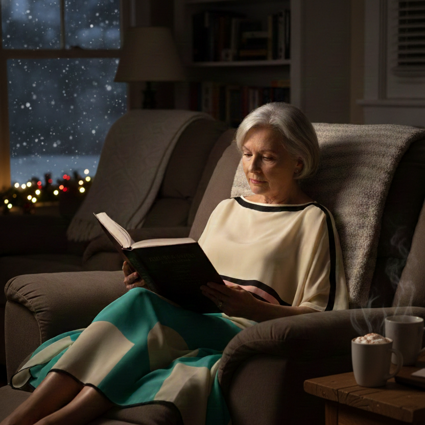 vicharan champagne beige & turquoise kaftan at home reading novel with snow outside
