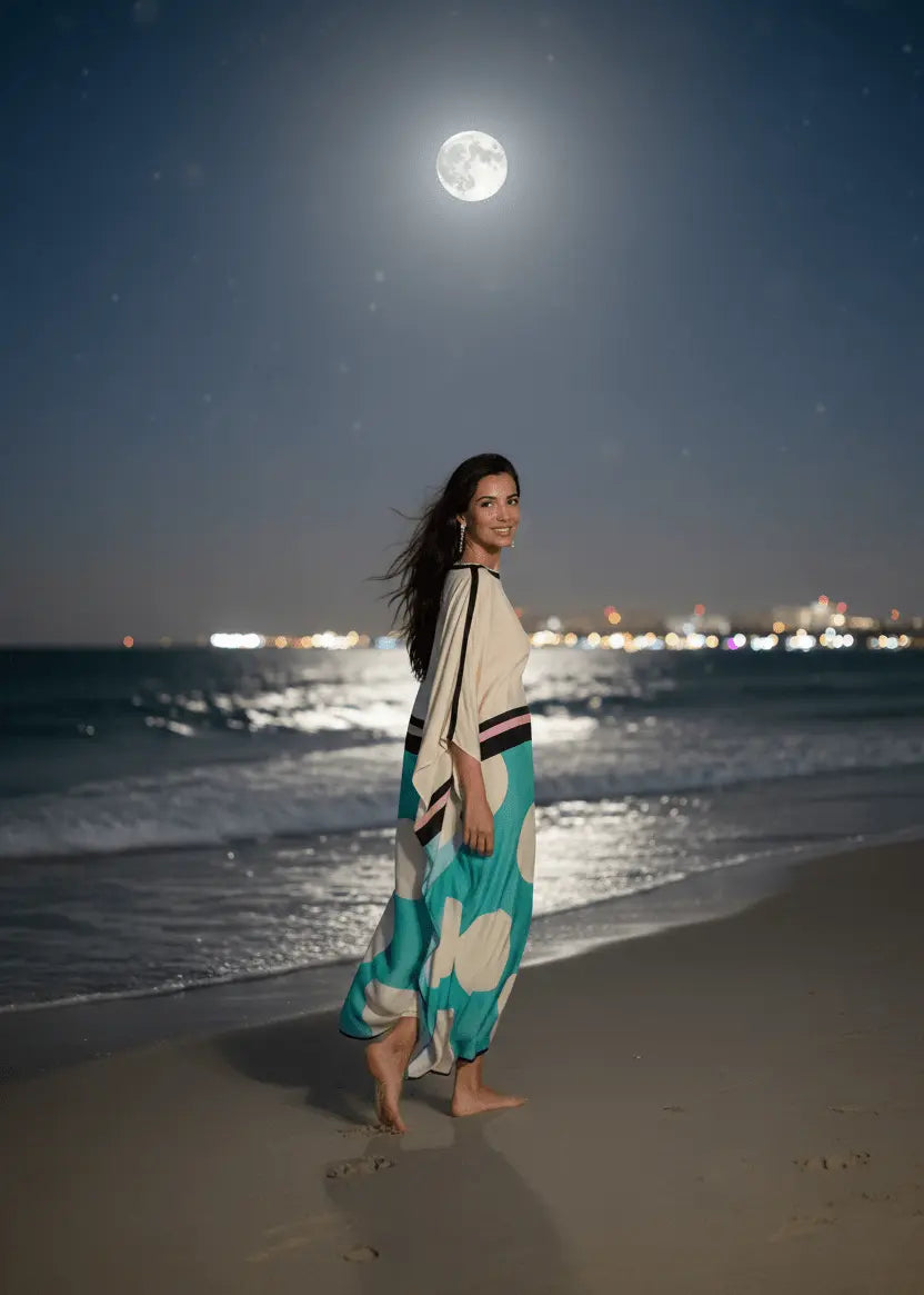 vicharan champagne beige & turquoise kaftan on beach at night