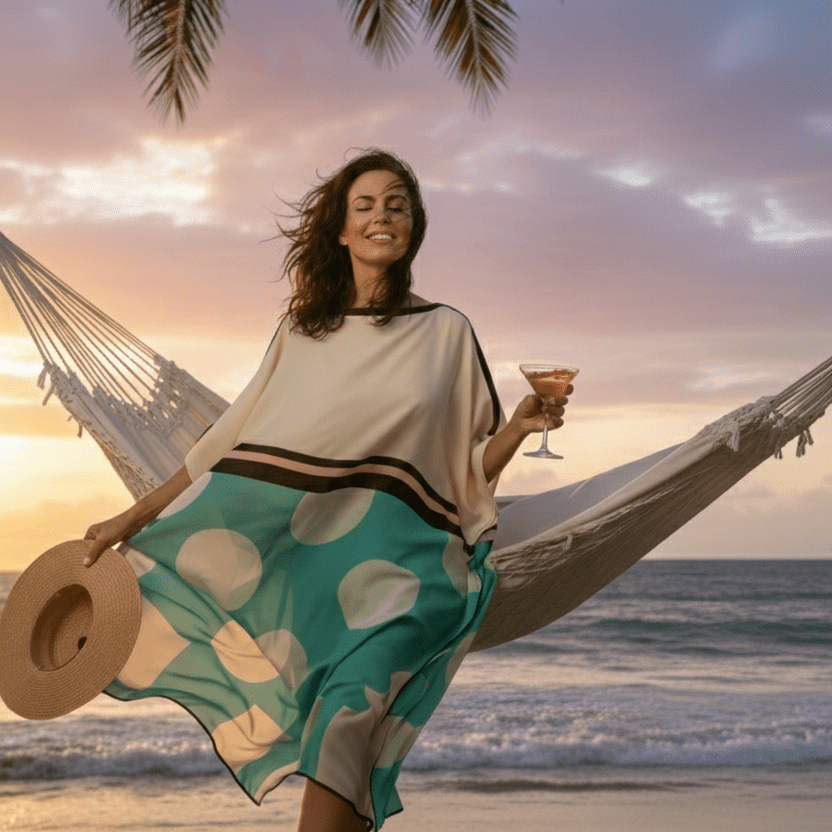 vicharan champagne beige & turquoise kaftan near ocean during dawn with drink in hand
