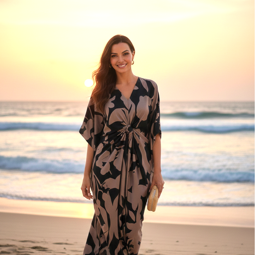 Woman in Vicharan DOUBLE Mocha & Black caftan standing on a beach with sunset in the background