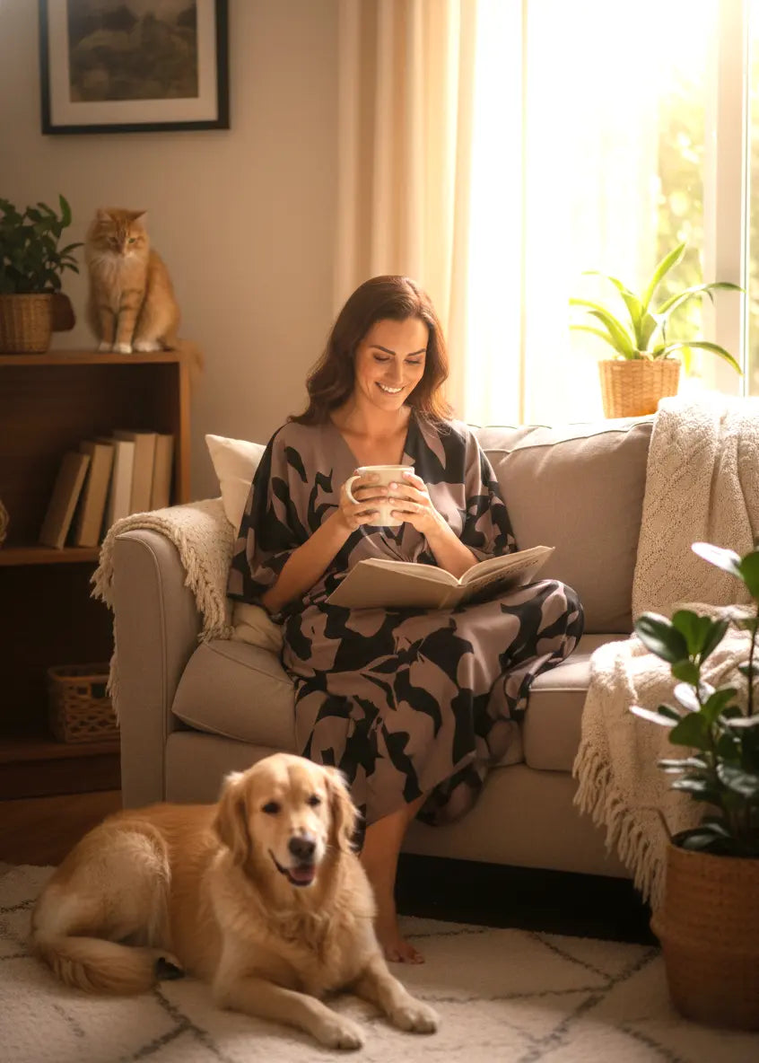 Woman wearing Vicharan DOUBLE Mocha & Black caftan is reading a book on a couch with a dog sitting next to her in a cozy living room.