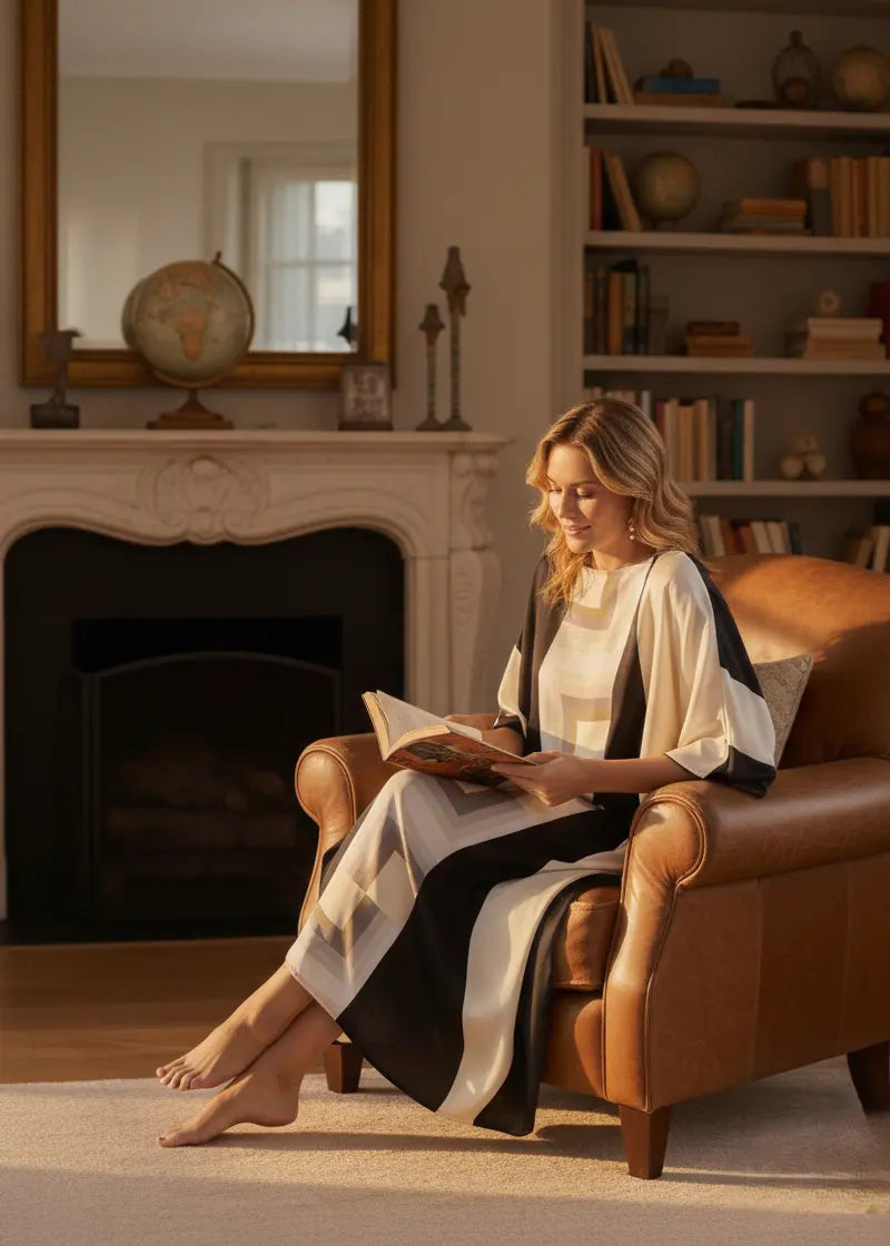 Woman in Vicharan EARTHBOUND Beige & Black Kaftan reading a book in a cozy living room with a fireplace and bookshelf.
