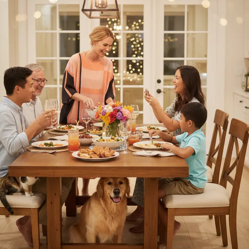 Family and dog gathered around a dinner table with festive lights in the background with woman wearing Vicharan ETHEREAL Rose Gold Kaftan