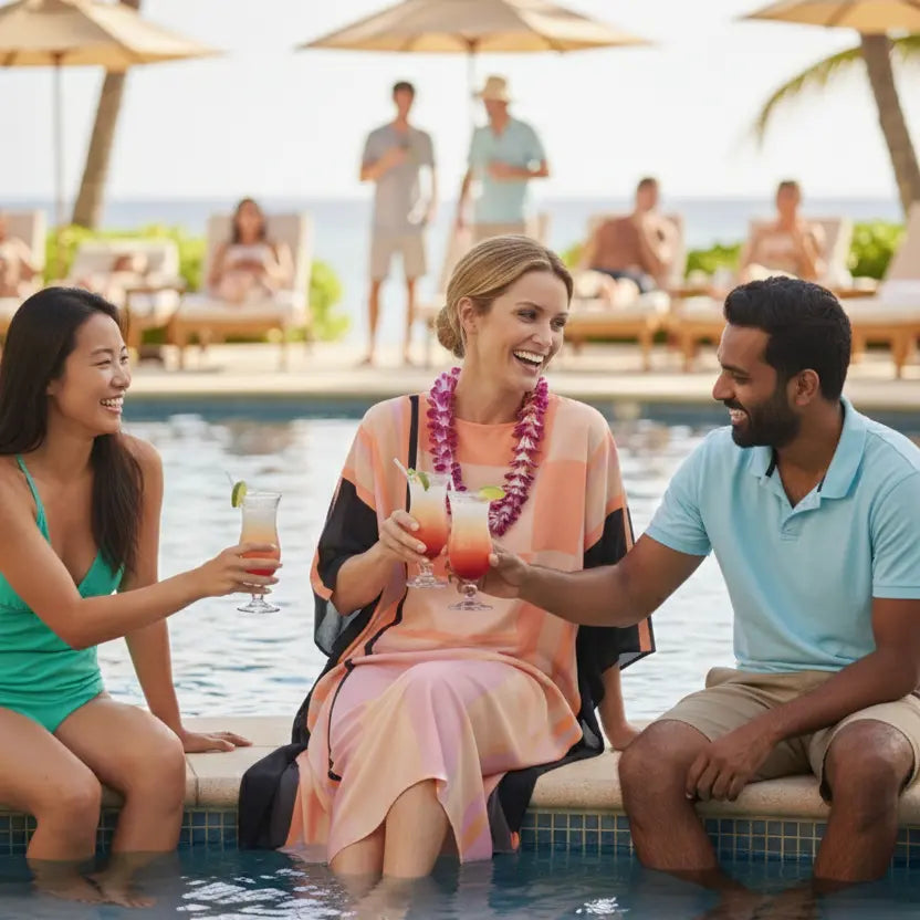 People enjoying drinks by a pool with palm trees and beach chairs in the background with woman in Vicharan ETHEREAL Rose Gold Kaftan