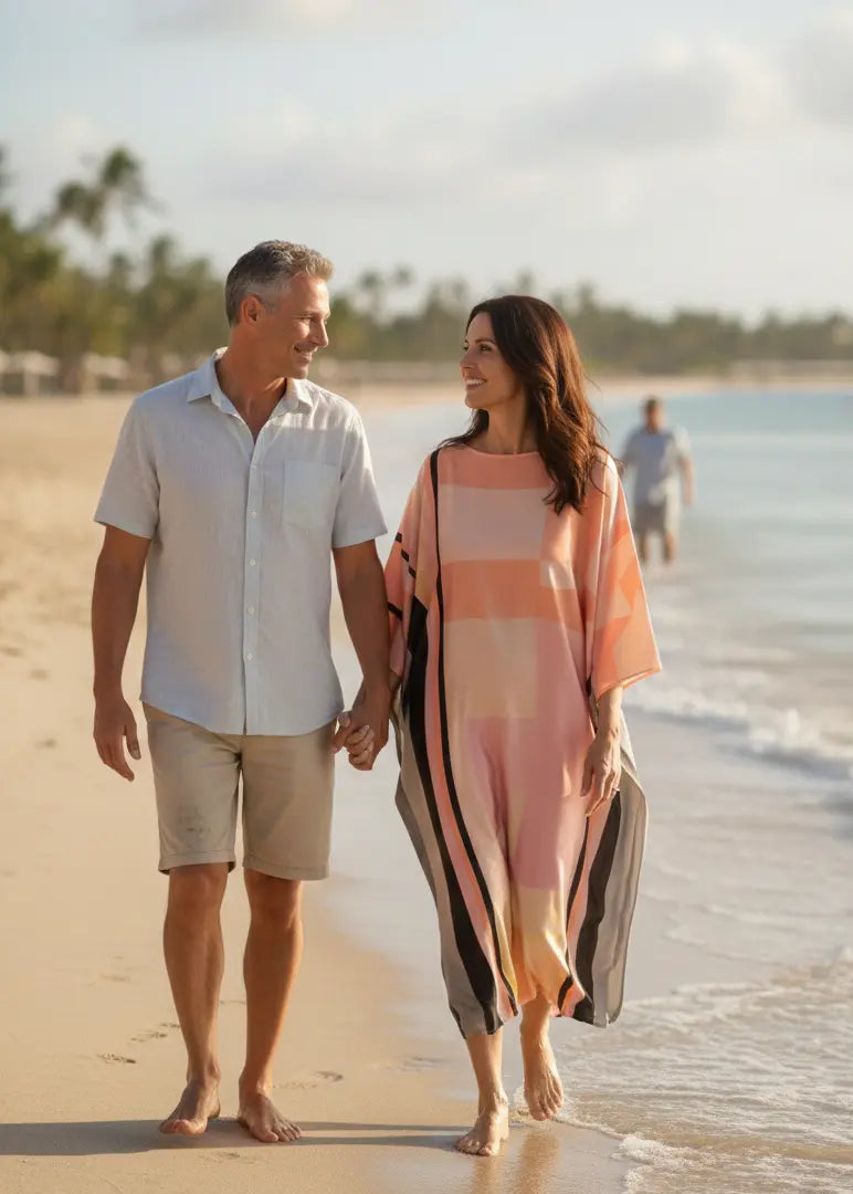 Man and woman walking hand in hand on a beach with palm trees in the background wih Vicharan ETHEREAL Rose Gold Kaftan