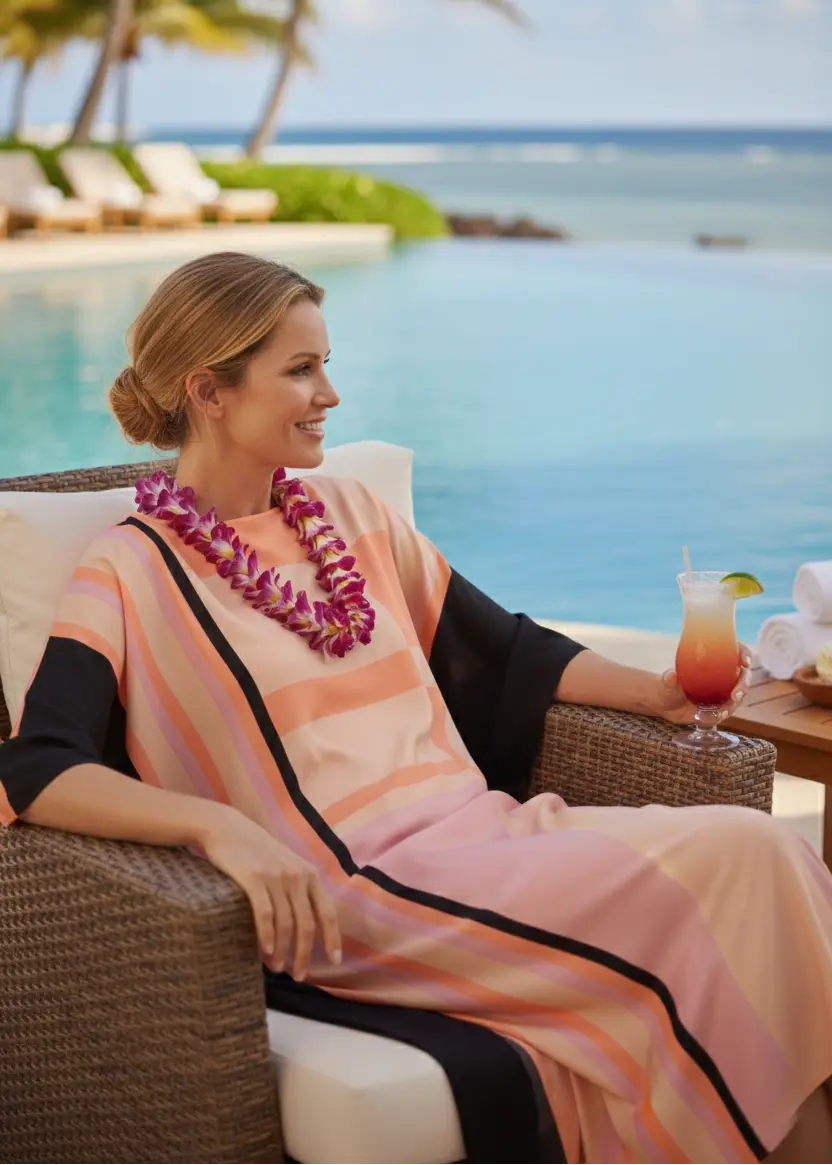 Woman in Vicharan ETHEREAL Rose Gold Kaftan sitting by a pool with ocean view