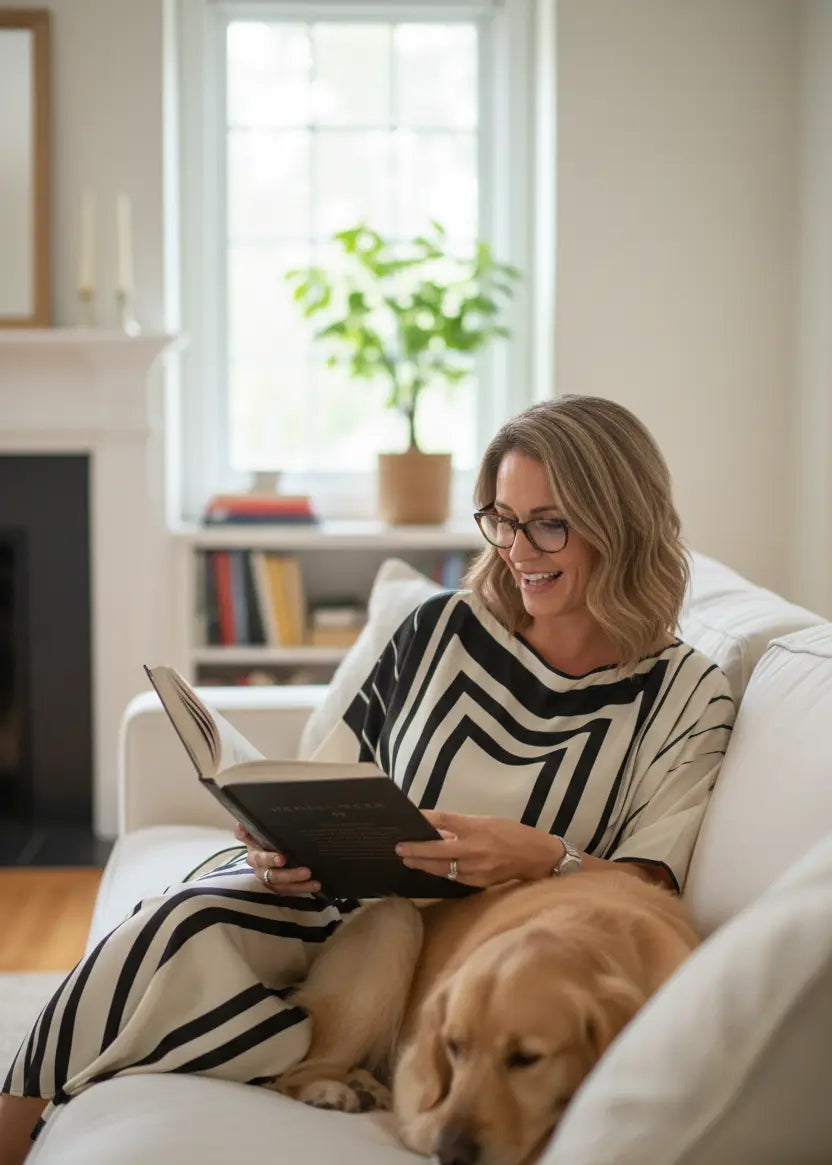 Woman in vichran Aura Paisley Print Satin Silk caftan reading a book on a couch with a dog next to her in a cozy living room at home