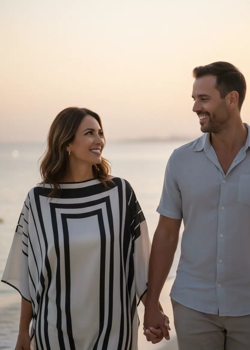 Man and woman holding hands on a beach at sunset with woman Vicharan Elegant Black & Cream caftan