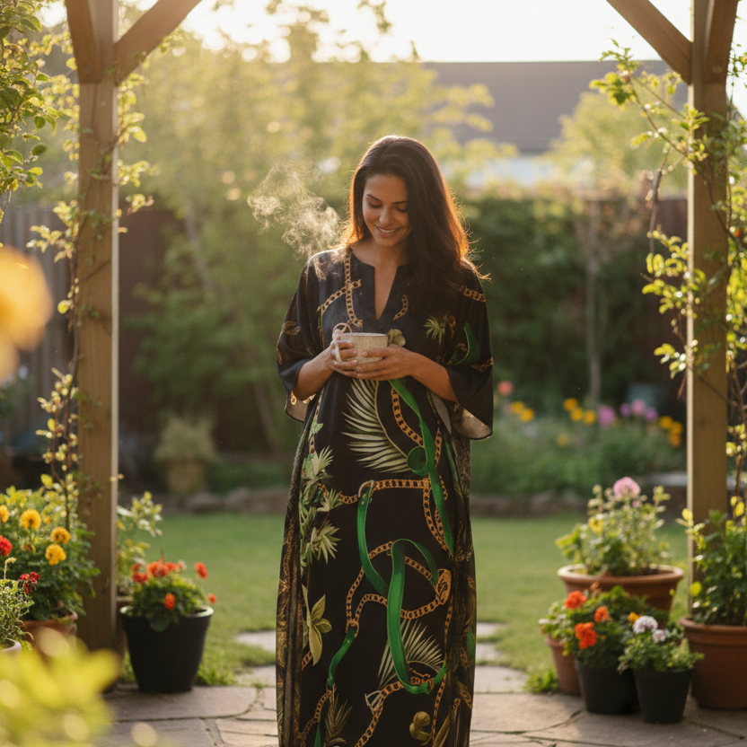 Woman in Vicharan GOLDEN Black & Green caftan standing under a wooden pergola in a garden at home