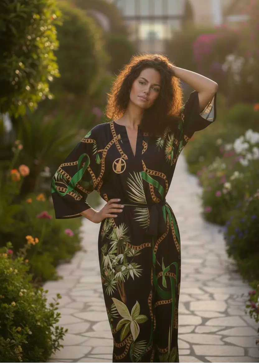 Woman in a patterned dress standing on a garden path with greenery and flowers around at home garden