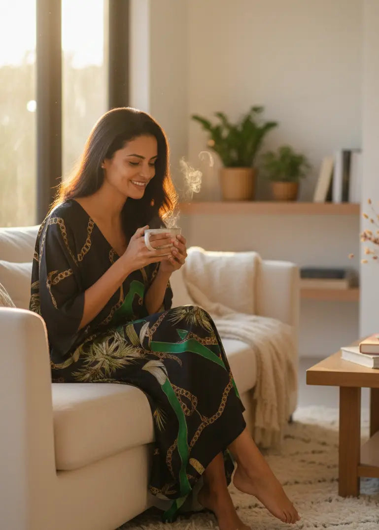 Woman in Vicharan GOLDEN Black & Green caftan at home reading book