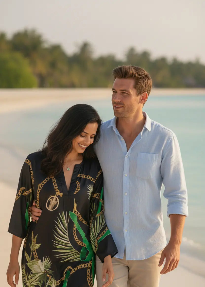 Couple walking on a beach with palm trees in the background with woman wearing Vicharan GOLDEN Black & Green caftan