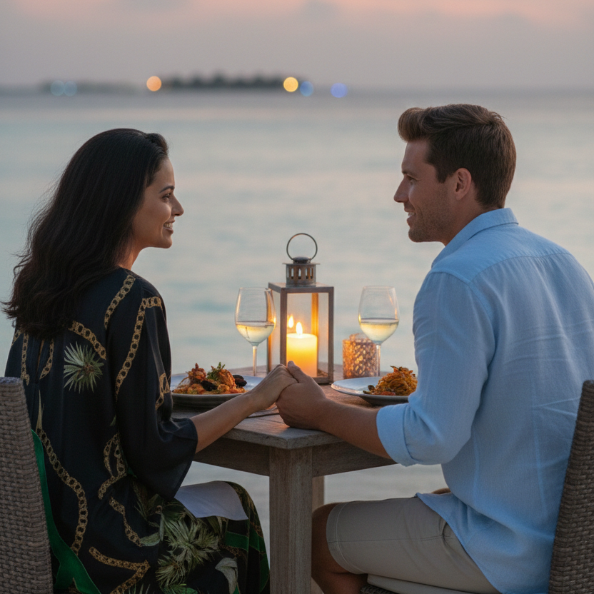 Couple ahaving candle light dinner seaside on honeymoon at resort