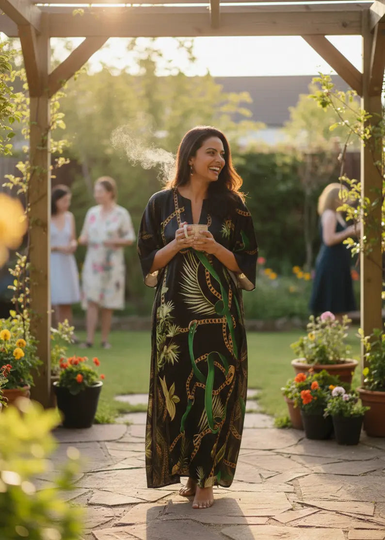 woman wearing Vicharan CORAL Green caftan in home backyard with friends and family