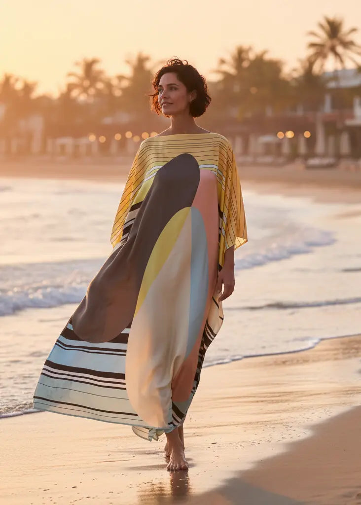 woman in Vicharan HORIZON Yellow caftan alongside ocean with resort in background