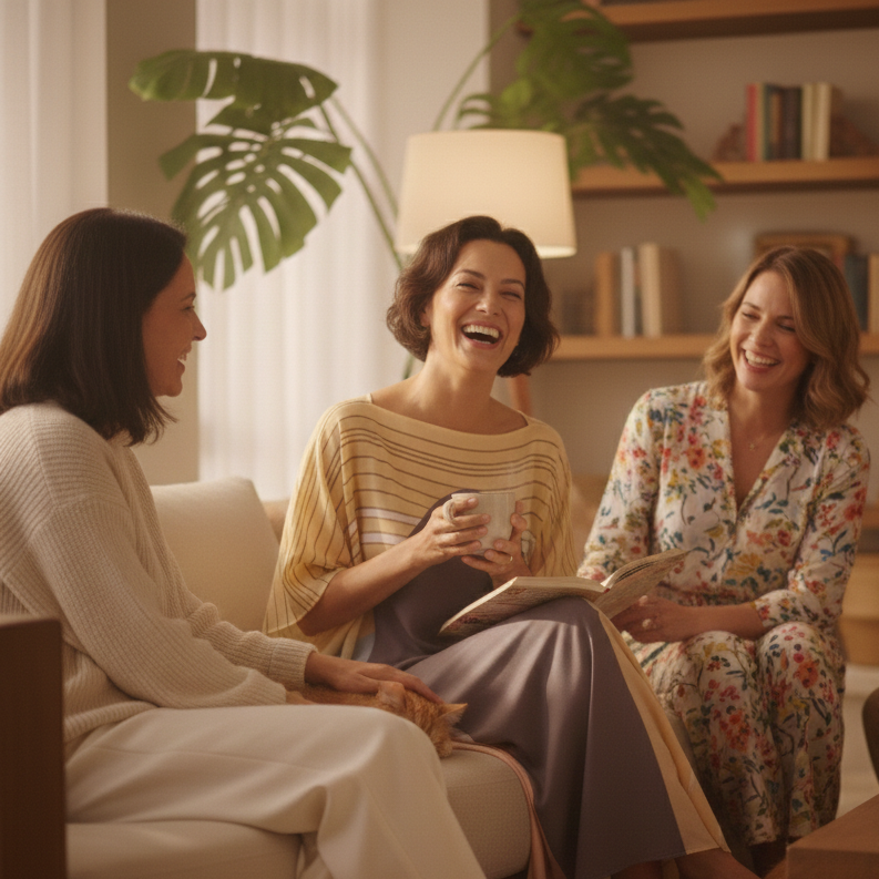 Four women sitting on a couch in a cozy living room at home with a dog and coffee cups with woman wearing Vicharan HORIZON Yellow Kaftan 