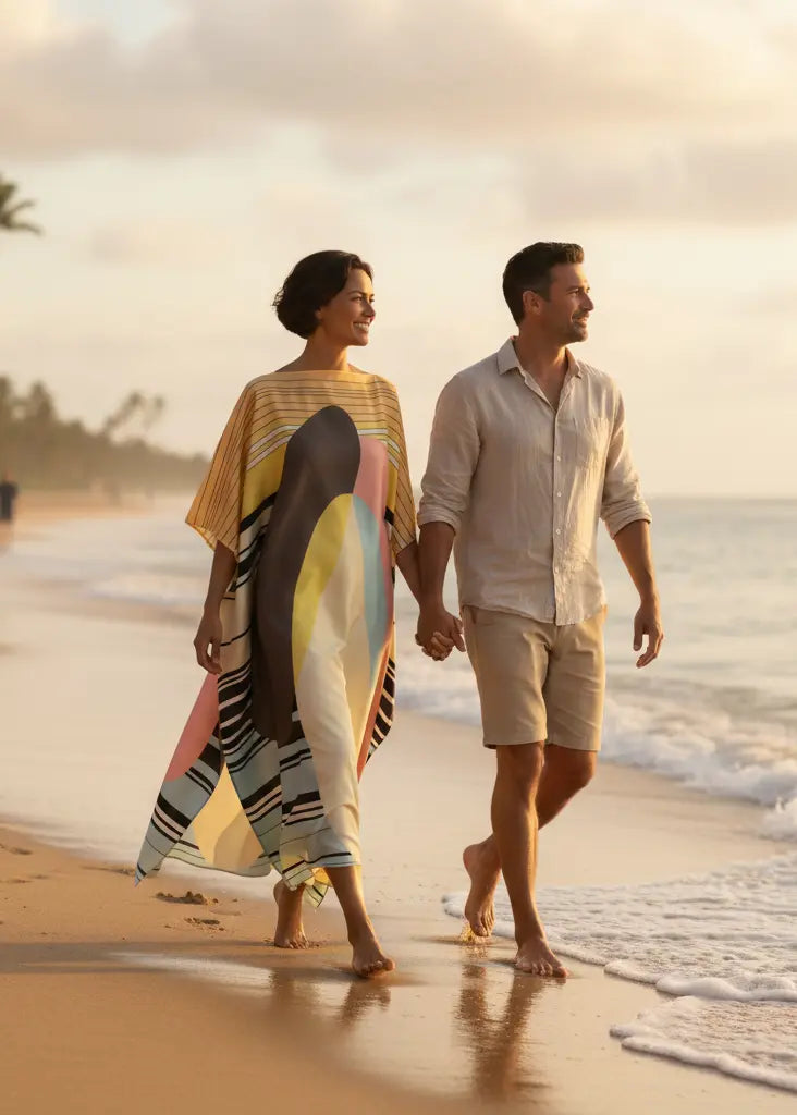 woman in Vicharan HORIZON Yellow Kaftan walking with husband on the beach at sunset