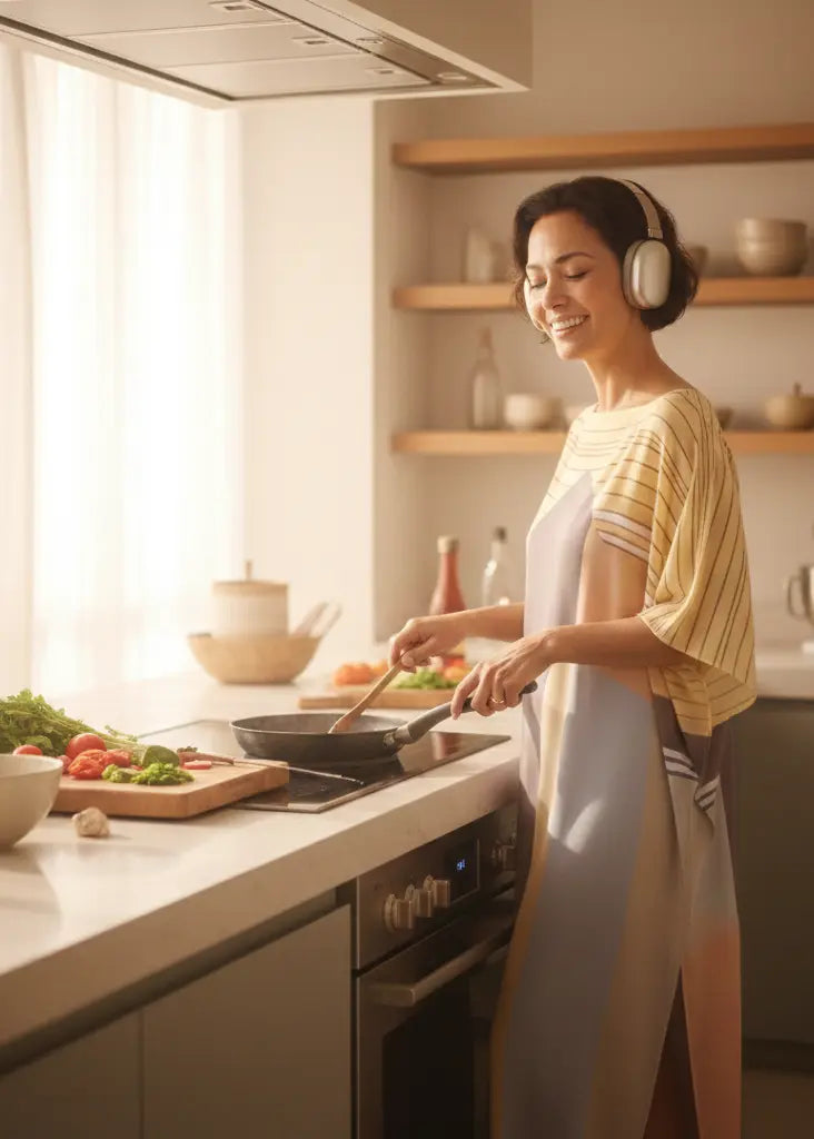 Woman wearing Vicharan HORIZON Yellow caftan cooking in a kitchen with headphones on, surrounded by ingredients and utensils.