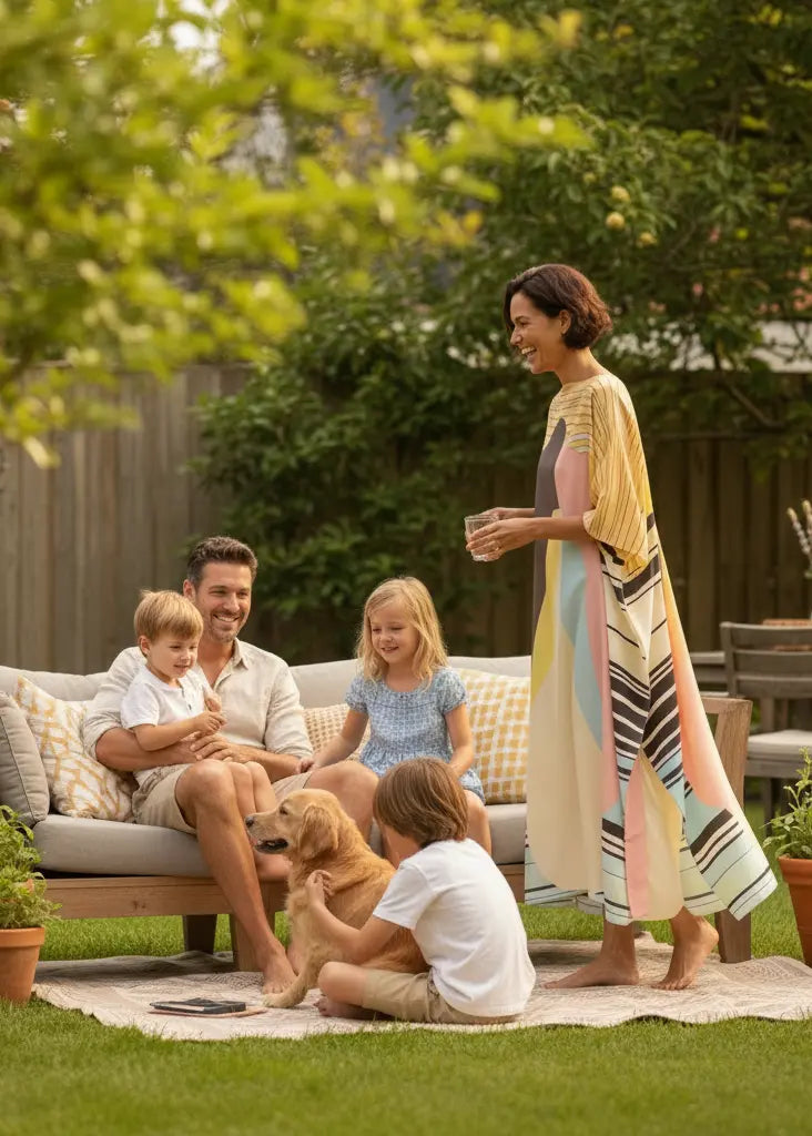 Family of five with two dogs in a backyard setting at home with woman wearing Vicharan HORIZON Yellow caftan