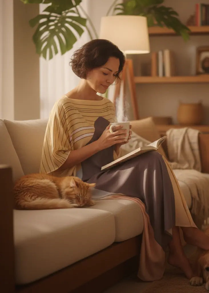 woman in Vicharan HORIZON Yellow caftan at home reading book