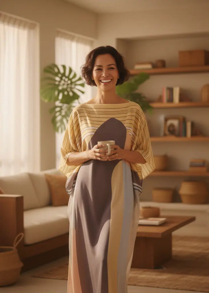 woman in Vicharan HORIZON Yellow caftan at home reading book in living room