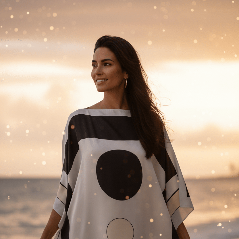 Vicharan HYPNOTIC White Kaftan on beach with sunset in background