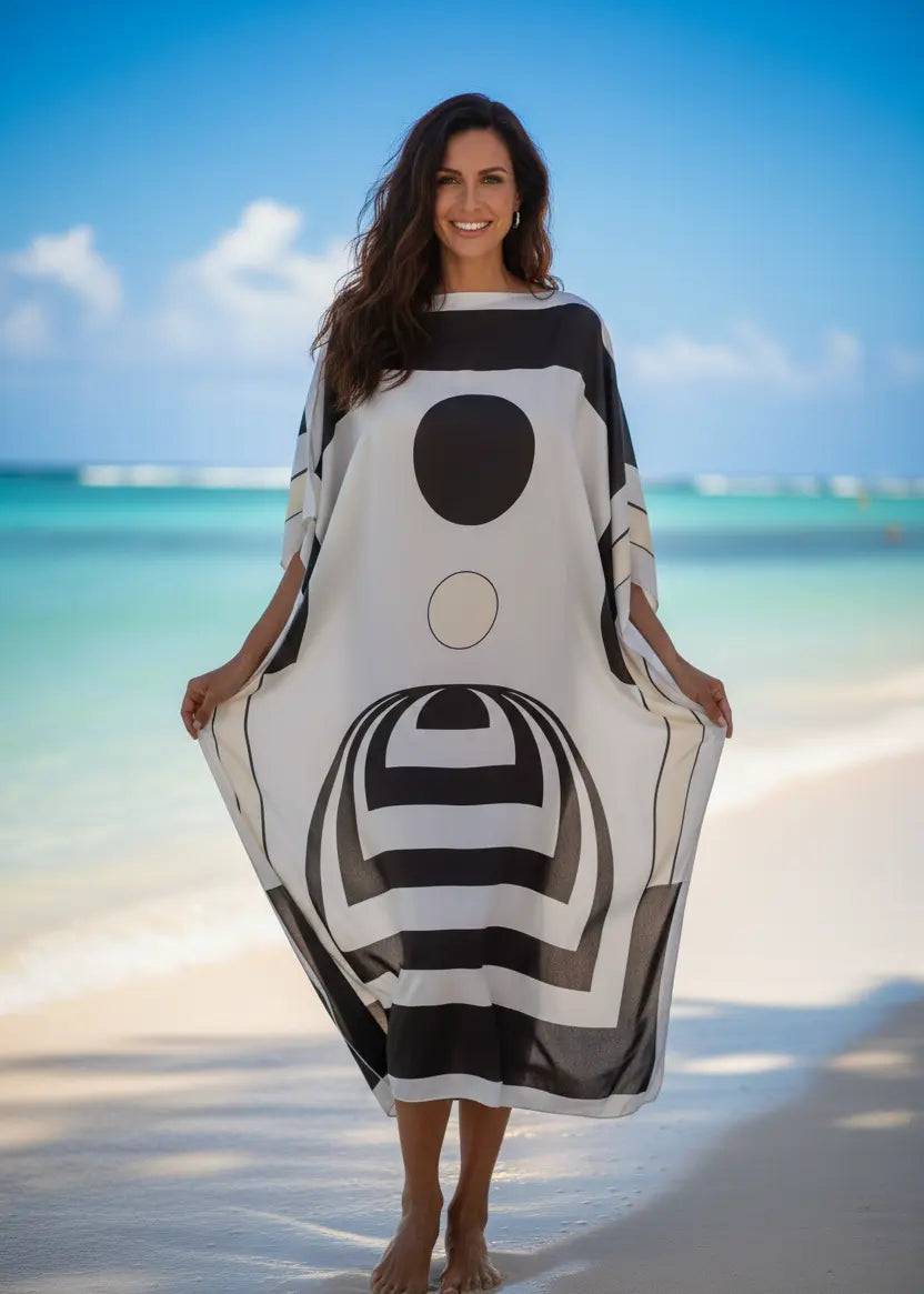 Vicharan POETIC Mint Black Kaftan near sea shore on sunny day