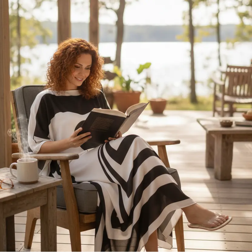 Vicharan HYPNOTIC White Kaftan at home backyard reading book with coffee on a sunny day