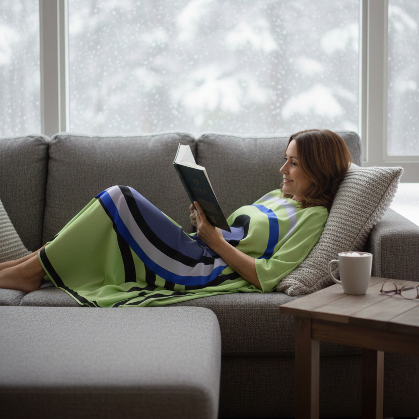woman in Vicharan MATCHA Green Kaftan reading on sofa square