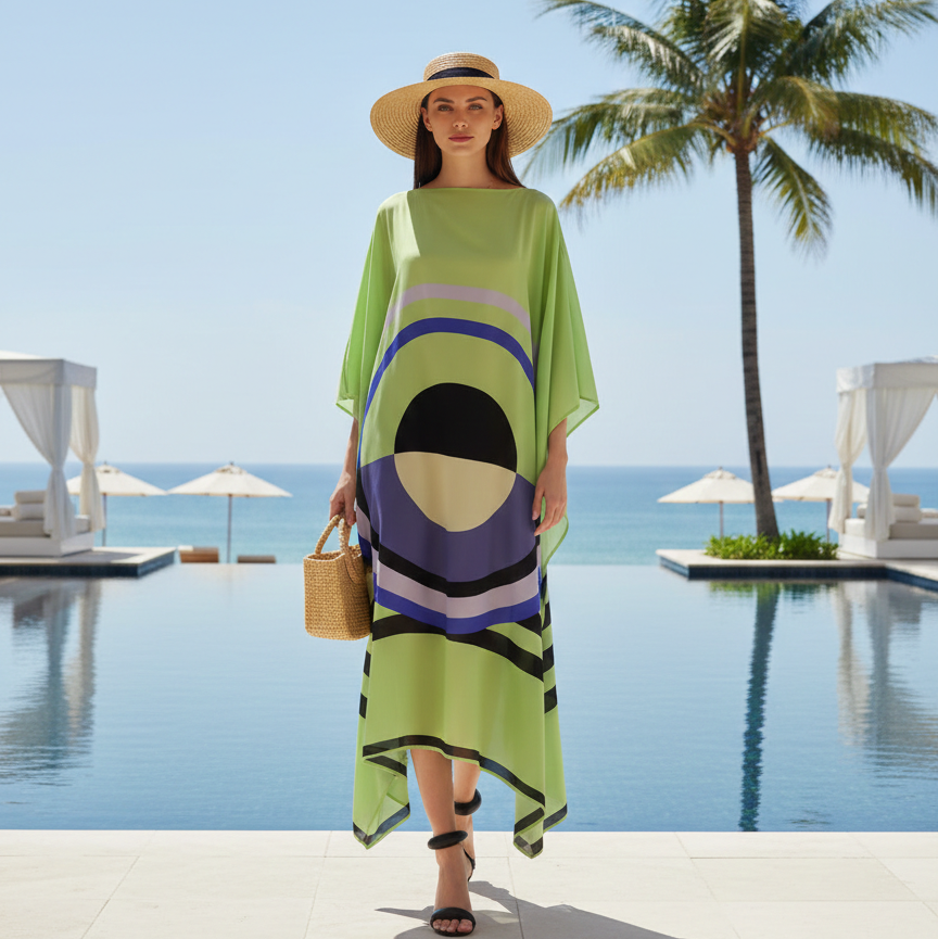 woman in Vicharan MATCHA Green caftan at resort near swimming pool