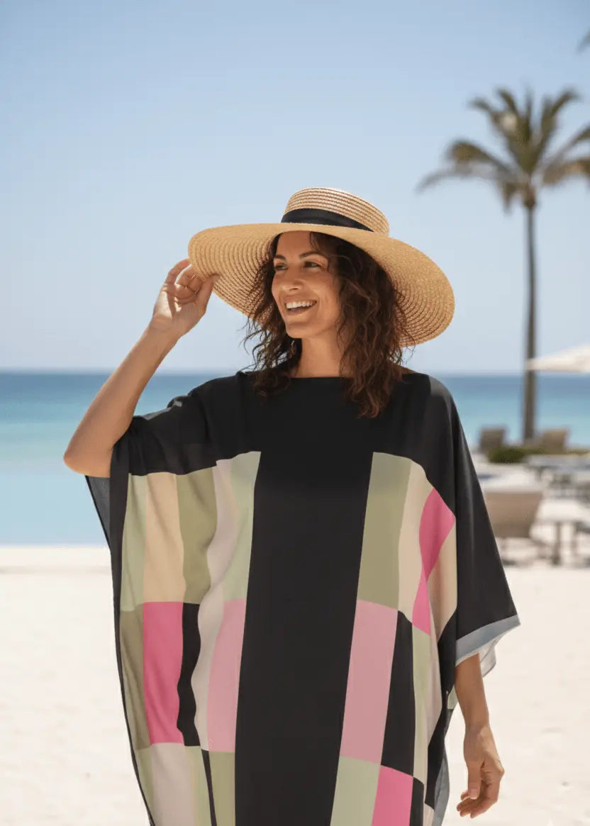 Vicharan MOSAIC Night Black Kaftan with Hat on beach 
