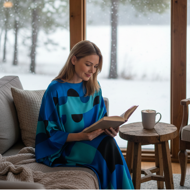 Woman  wearing Vicharan OCEAN Teal caftan reading a book in a cozy living room with a snowy outdoor view.