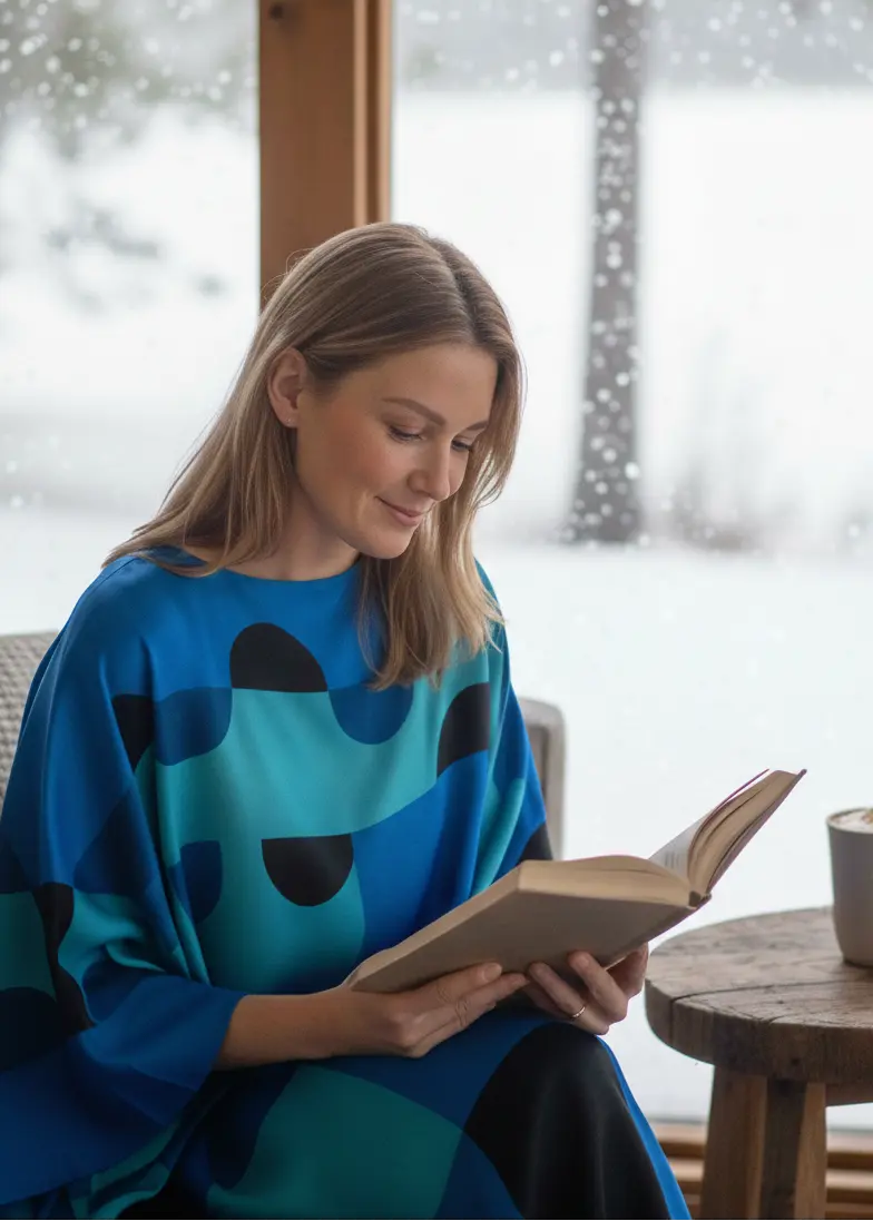 Woman reading a book in a cozy setting with a snowy background in close up