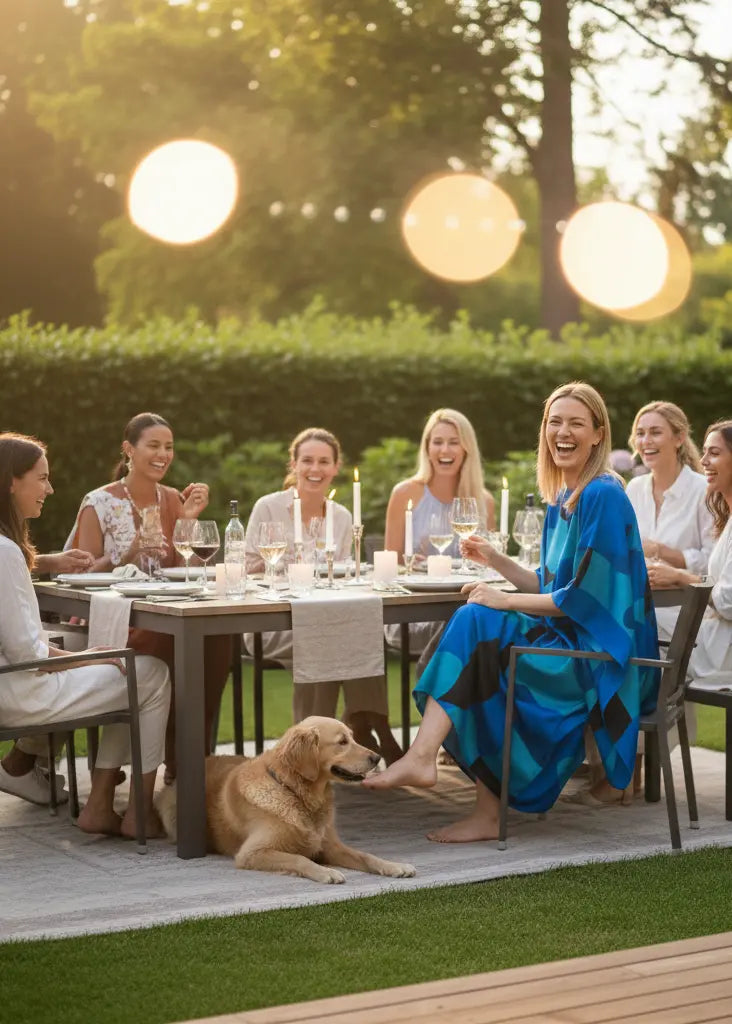 Group of people and a dog enjoying a meal outdoors with string lights in the background.