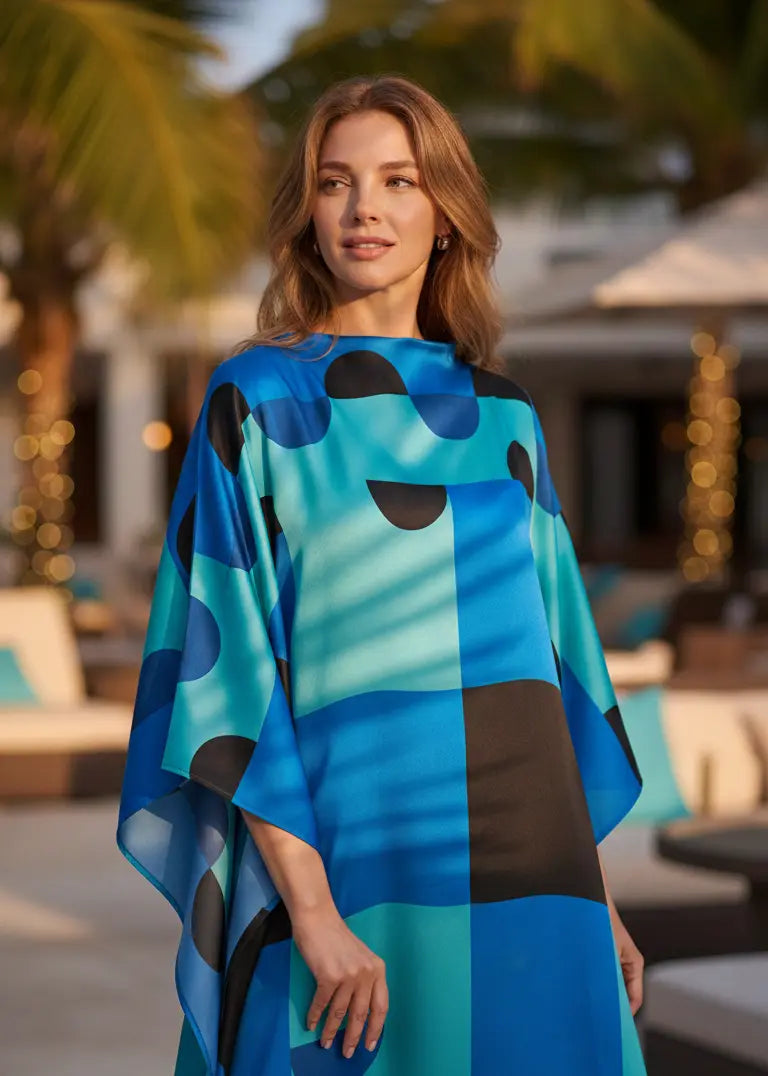Woman wearing Vicharan OCEAN Teal caftans in  a resort on summer holidays