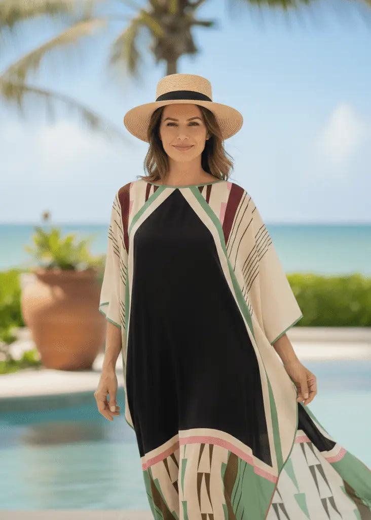 Woman wearing Vicharan OLIVE Green caftan and hat by a pool with palm trees in the background